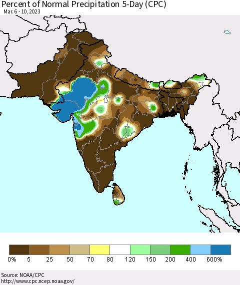 Southern Asia Percent of Normal Precipitation 5-Day (CPC) Thematic Map For 3/6/2023 - 3/10/2023