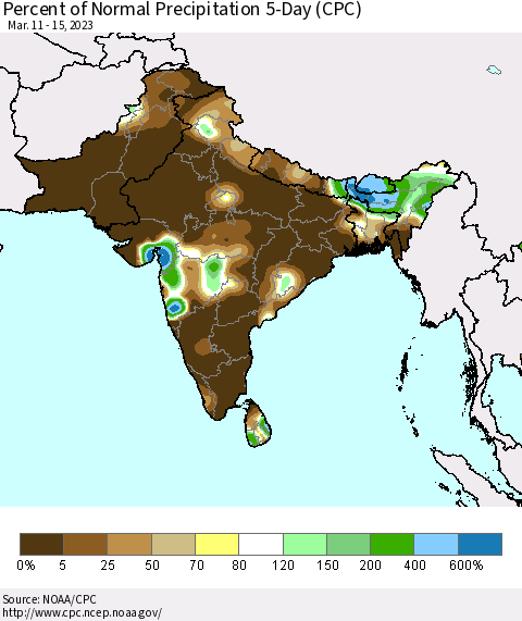 Southern Asia Percent of Normal Precipitation 5-Day (CPC) Thematic Map For 3/11/2023 - 3/15/2023