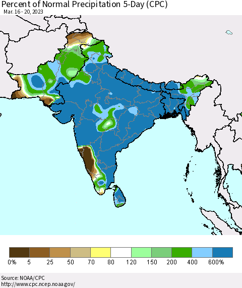 Southern Asia Percent of Normal Precipitation 5-Day (CPC) Thematic Map For 3/16/2023 - 3/20/2023