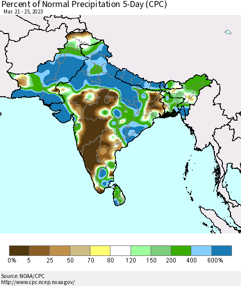 Southern Asia Percent of Normal Precipitation 5-Day (CPC) Thematic Map For 3/21/2023 - 3/25/2023
