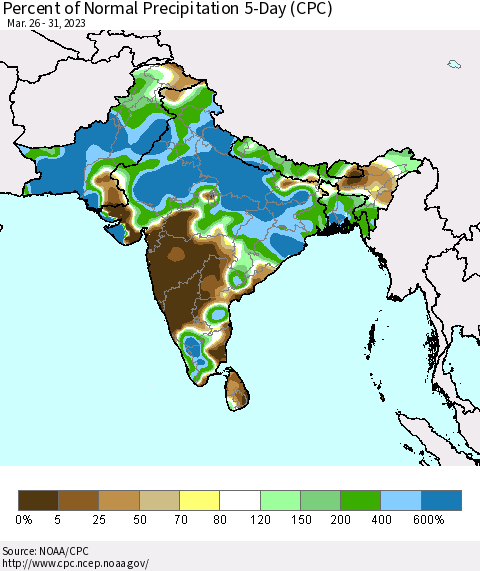 Southern Asia Percent of Normal Precipitation 5-Day (CPC) Thematic Map For 3/26/2023 - 3/31/2023