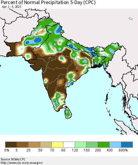 Southern Asia Percent of Normal Precipitation 5-Day (CPC) Thematic Map For 4/1/2023 - 4/5/2023