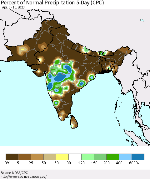 Southern Asia Percent of Normal Precipitation 5-Day (CPC) Thematic Map For 4/6/2023 - 4/10/2023