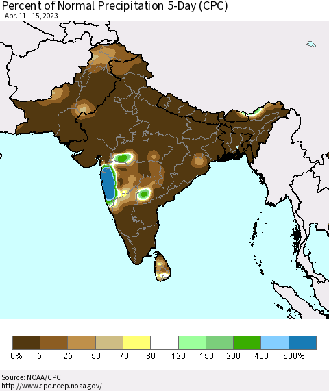 Southern Asia Percent of Normal Precipitation 5-Day (CPC) Thematic Map For 4/11/2023 - 4/15/2023