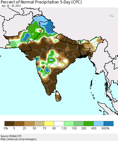 Southern Asia Percent of Normal Precipitation 5-Day (CPC) Thematic Map For 4/16/2023 - 4/20/2023