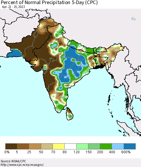 Southern Asia Percent of Normal Precipitation 5-Day (CPC) Thematic Map For 4/21/2023 - 4/25/2023