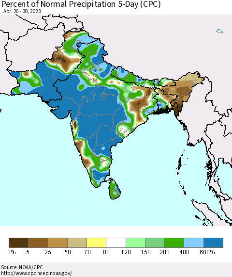 Southern Asia Percent of Normal Precipitation 5-Day (CPC) Thematic Map For 4/26/2023 - 4/30/2023
