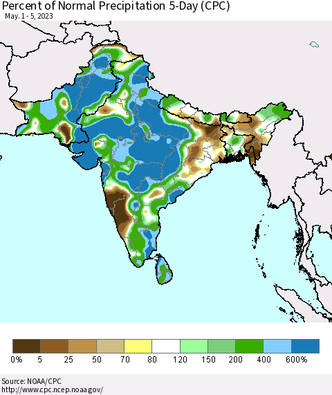 Southern Asia Percent of Normal Precipitation 5-Day (CPC) Thematic Map For 5/1/2023 - 5/5/2023