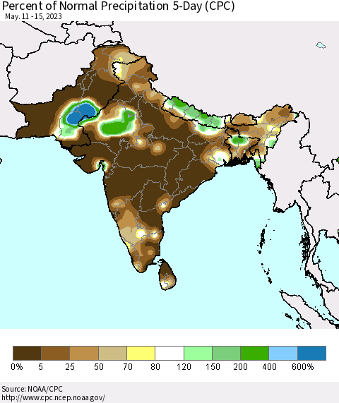 Southern Asia Percent of Normal Precipitation 5-Day (CPC) Thematic Map For 5/11/2023 - 5/15/2023