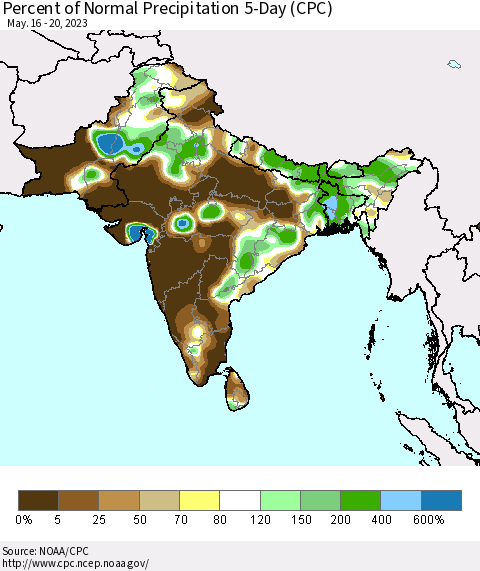 Southern Asia Percent of Normal Precipitation 5-Day (CPC) Thematic Map For 5/16/2023 - 5/20/2023