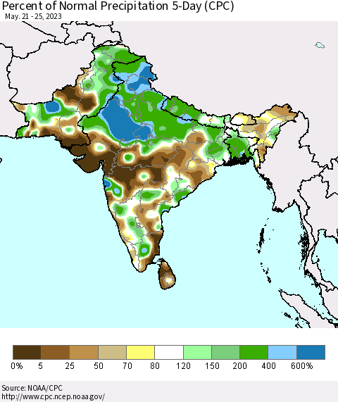 Southern Asia Percent of Normal Precipitation 5-Day (CPC) Thematic Map For 5/21/2023 - 5/25/2023