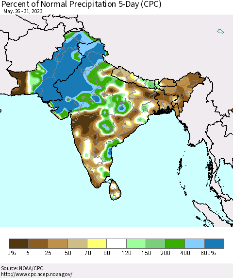 Southern Asia Percent of Normal Precipitation 5-Day (CPC) Thematic Map For 5/26/2023 - 5/31/2023