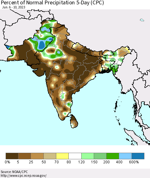 Southern Asia Percent of Normal Precipitation 5-Day (CPC) Thematic Map For 6/6/2023 - 6/10/2023