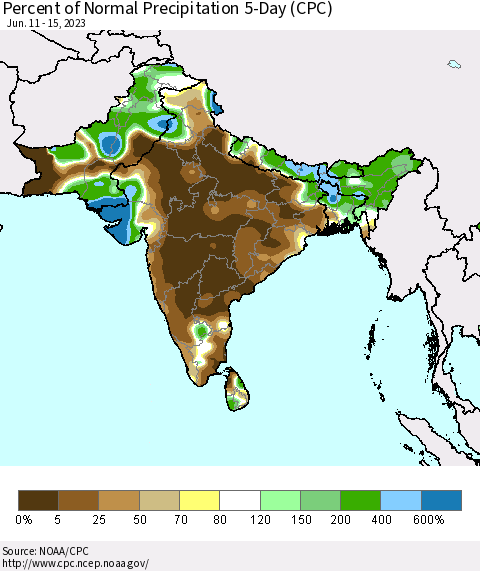 Southern Asia Percent of Normal Precipitation 5-Day (CPC) Thematic Map For 6/11/2023 - 6/15/2023