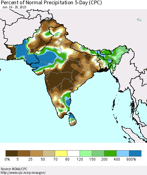 Southern Asia Percent of Normal Precipitation 5-Day (CPC) Thematic Map For 6/16/2023 - 6/20/2023