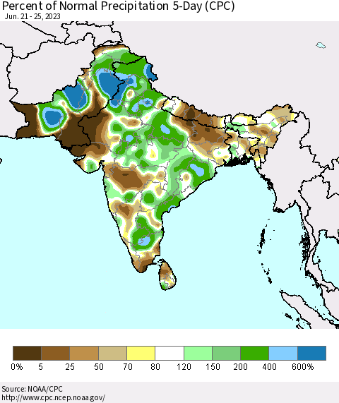 Southern Asia Percent of Normal Precipitation 5-Day (CPC) Thematic Map For 6/21/2023 - 6/25/2023