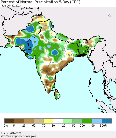 Southern Asia Percent of Normal Precipitation 5-Day (CPC) Thematic Map For 6/26/2023 - 6/30/2023