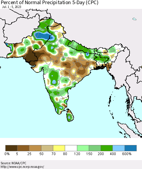 Southern Asia Percent of Normal Precipitation 5-Day (CPC) Thematic Map For 7/1/2023 - 7/5/2023