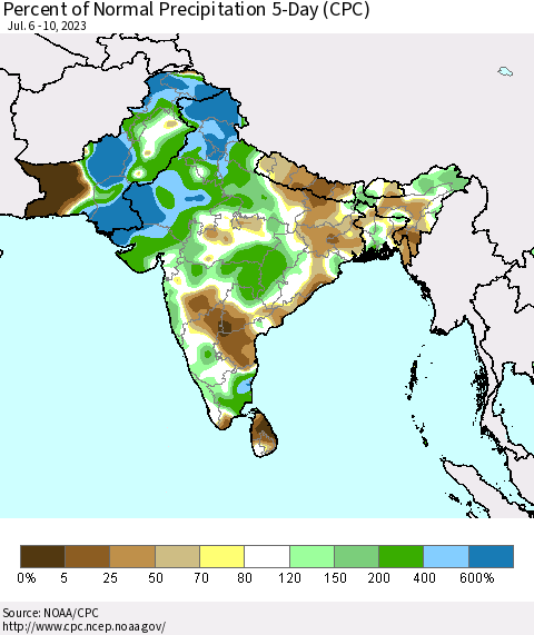 Southern Asia Percent of Normal Precipitation 5-Day (CPC) Thematic Map For 7/6/2023 - 7/10/2023