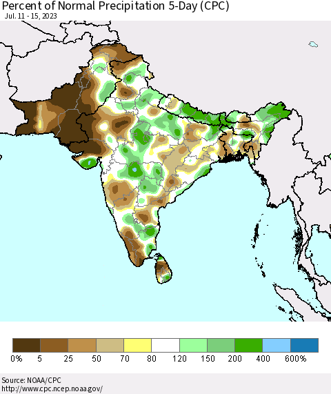 Southern Asia Percent of Normal Precipitation 5-Day (CPC) Thematic Map For 7/11/2023 - 7/15/2023