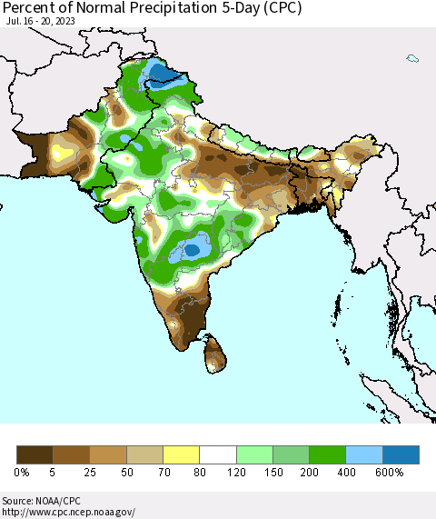 Southern Asia Percent of Normal Precipitation 5-Day (CPC) Thematic Map For 7/16/2023 - 7/20/2023