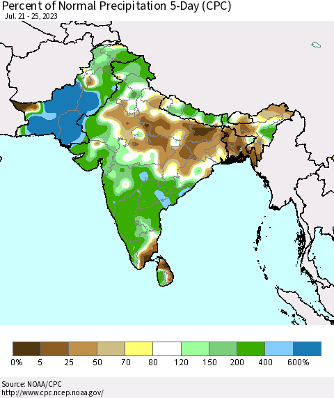 Southern Asia Percent of Normal Precipitation 5-Day (CPC) Thematic Map For 7/21/2023 - 7/25/2023