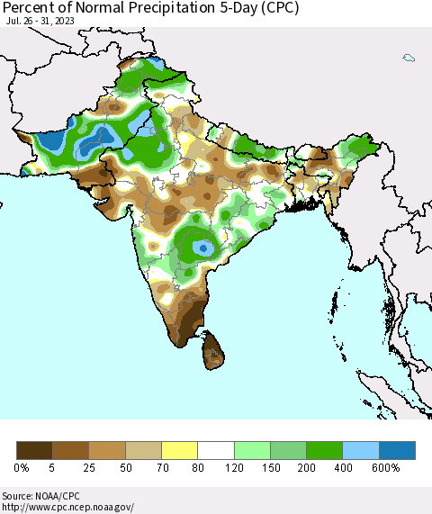 Southern Asia Percent of Normal Precipitation 5-Day (CPC) Thematic Map For 7/26/2023 - 7/31/2023