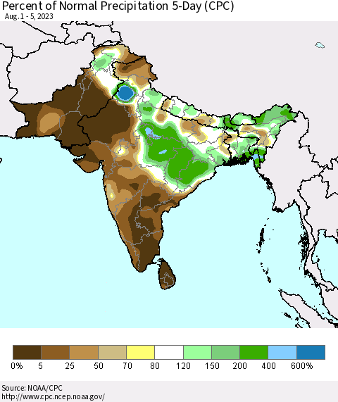 Southern Asia Percent of Normal Precipitation 5-Day (CPC) Thematic Map For 8/1/2023 - 8/5/2023