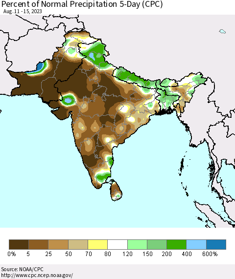 Southern Asia Percent of Normal Precipitation 5-Day (CPC) Thematic Map For 8/11/2023 - 8/15/2023