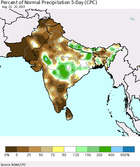 Southern Asia Percent of Normal Precipitation 5-Day (CPC) Thematic Map For 8/16/2023 - 8/20/2023