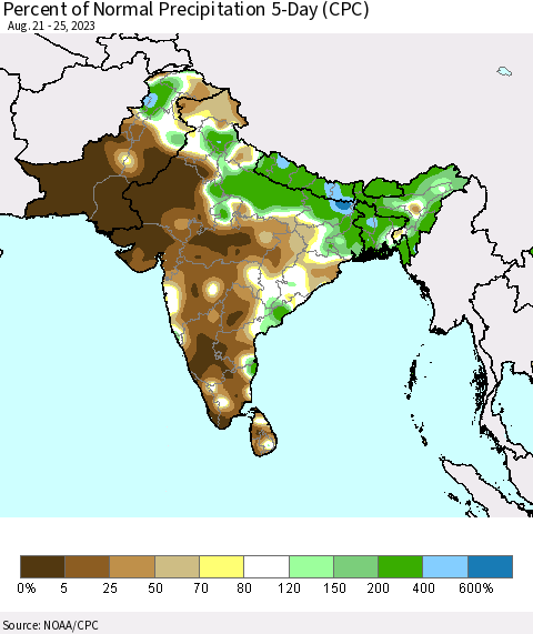Southern Asia Percent of Normal Precipitation 5-Day (CPC) Thematic Map For 8/21/2023 - 8/25/2023