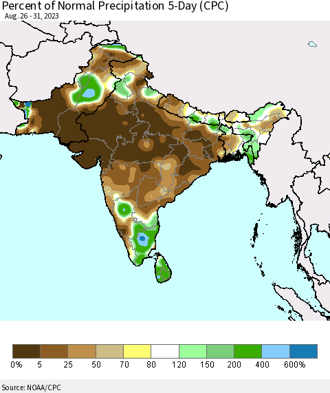 Southern Asia Percent of Normal Precipitation 5-Day (CPC) Thematic Map For 8/26/2023 - 8/31/2023