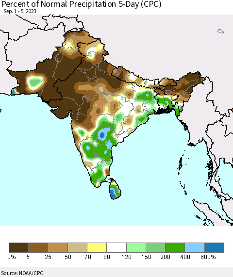 Southern Asia Percent of Normal Precipitation 5-Day (CPC) Thematic Map For 9/1/2023 - 9/5/2023