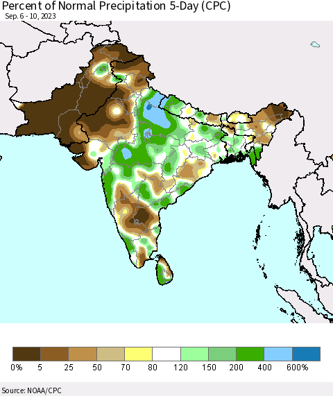 Southern Asia Percent of Normal Precipitation 5-Day (CPC) Thematic Map For 9/6/2023 - 9/10/2023