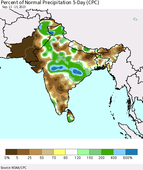 Southern Asia Percent of Normal Precipitation 5-Day (CPC) Thematic Map For 9/11/2023 - 9/15/2023
