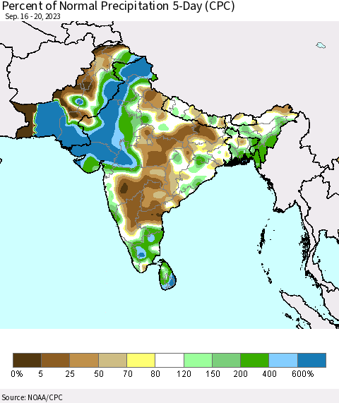 Southern Asia Percent of Normal Precipitation 5-Day (CPC) Thematic Map For 9/16/2023 - 9/20/2023