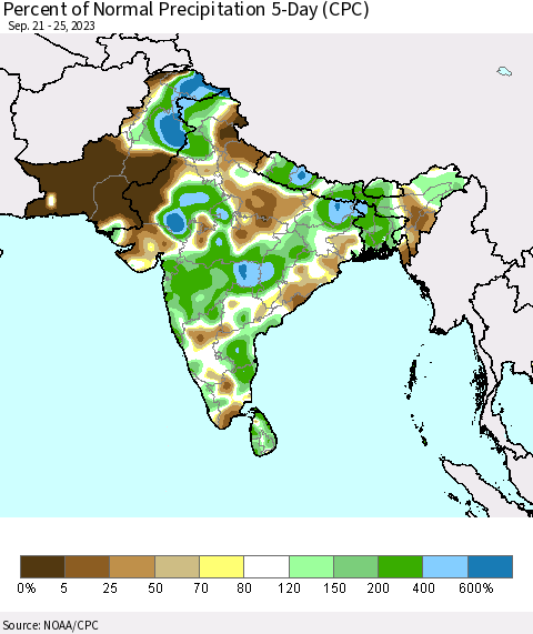 Southern Asia Percent of Normal Precipitation 5-Day (CPC) Thematic Map For 9/21/2023 - 9/25/2023