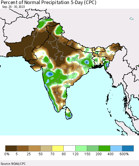 Southern Asia Percent of Normal Precipitation 5-Day (CPC) Thematic Map For 9/26/2023 - 9/30/2023