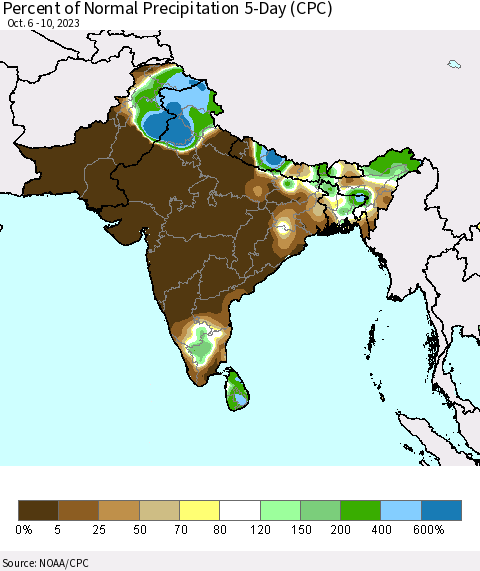 Southern Asia Percent of Normal Precipitation 5-Day (CPC) Thematic Map For 10/6/2023 - 10/10/2023