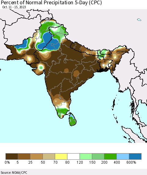 Southern Asia Percent of Normal Precipitation 5-Day (CPC) Thematic Map For 10/11/2023 - 10/15/2023