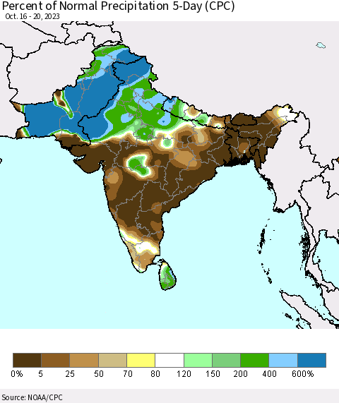 Southern Asia Percent of Normal Precipitation 5-Day (CPC) Thematic Map For 10/16/2023 - 10/20/2023