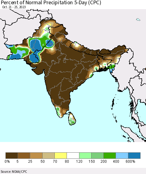 Southern Asia Percent of Normal Precipitation 5-Day (CPC) Thematic Map For 10/21/2023 - 10/25/2023