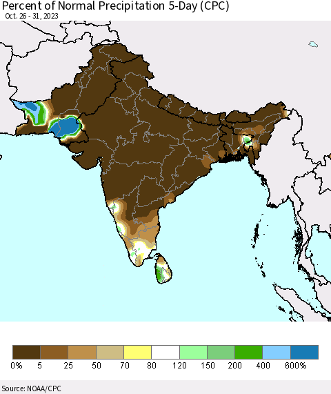 Southern Asia Percent of Normal Precipitation 5-Day (CPC) Thematic Map For 10/26/2023 - 10/31/2023