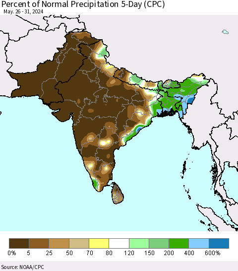 Southern Asia Percent of Normal Precipitation 5-Day (CPC) Thematic Map For 5/26/2024 - 5/31/2024