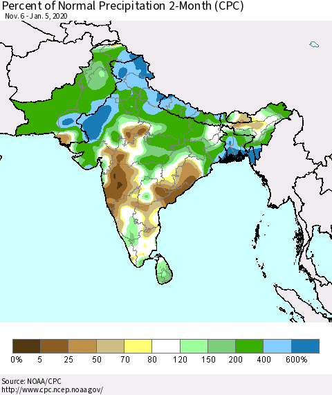 Southern Asia Percent of Normal Precipitation 2-Month (CPC) Thematic Map For 11/6/2019 - 1/5/2020