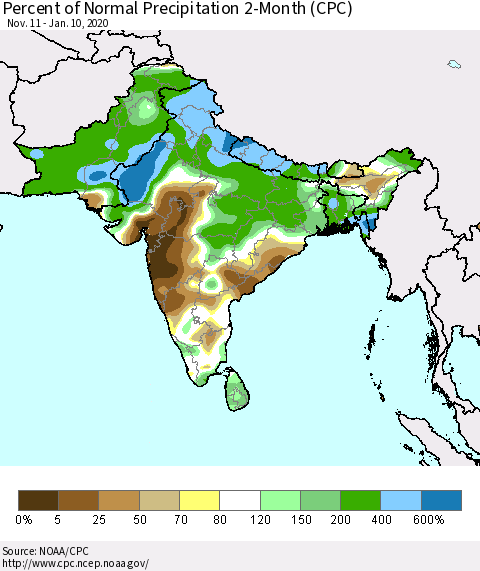 Southern Asia Percent of Normal Precipitation 2-Month (CPC) Thematic Map For 11/11/2019 - 1/10/2020