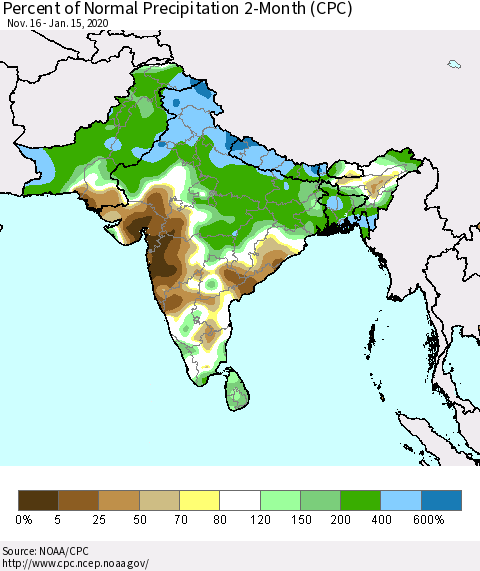 Southern Asia Percent of Normal Precipitation 2-Month (CPC) Thematic Map For 11/16/2019 - 1/15/2020