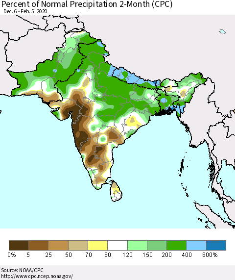 Southern Asia Percent of Normal Precipitation 2-Month (CPC) Thematic Map For 12/6/2019 - 2/5/2020