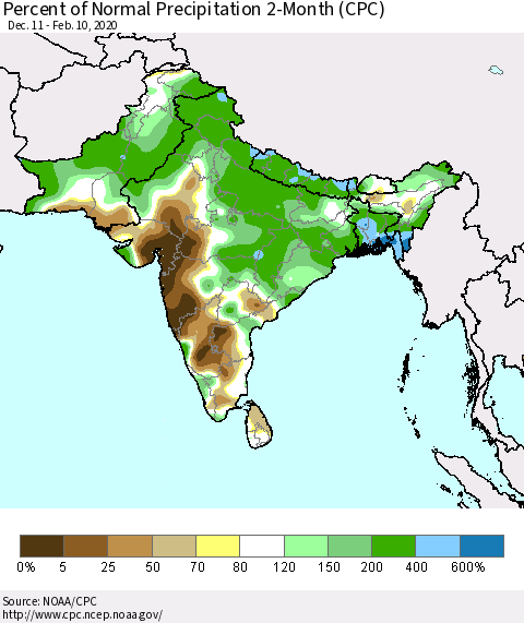 Southern Asia Percent of Normal Precipitation 2-Month (CPC) Thematic Map For 12/11/2019 - 2/10/2020