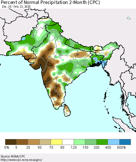 Southern Asia Percent of Normal Precipitation 2-Month (CPC) Thematic Map For 12/16/2019 - 2/15/2020